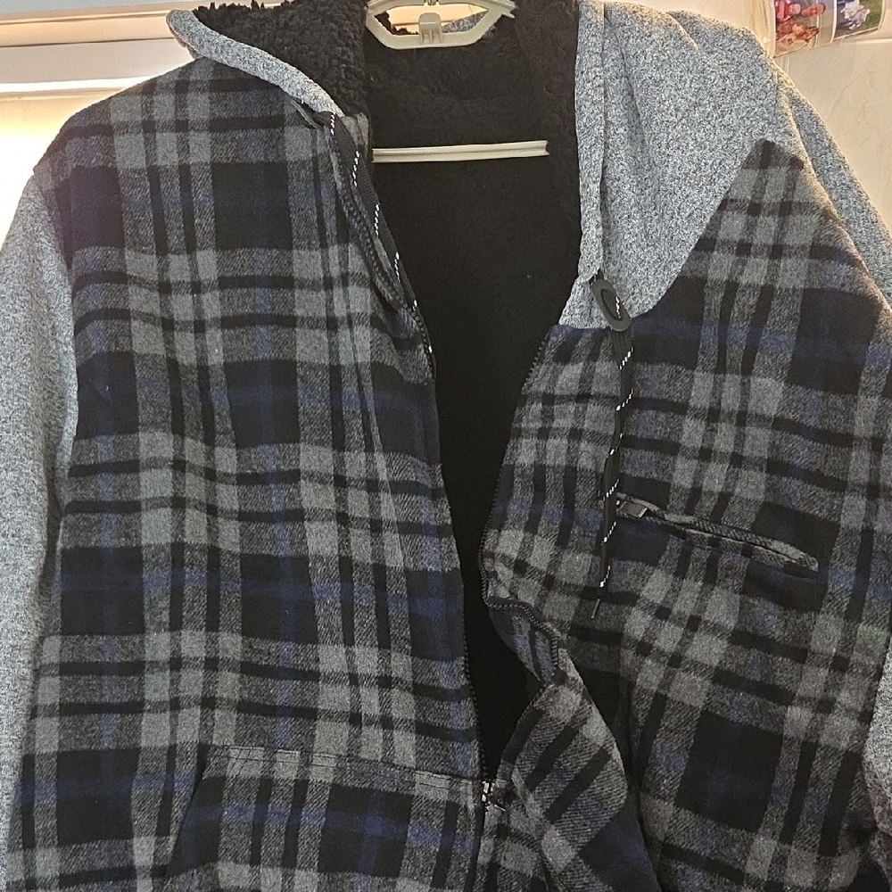 Men's Blue and Gray Plaid Hooded Jacket